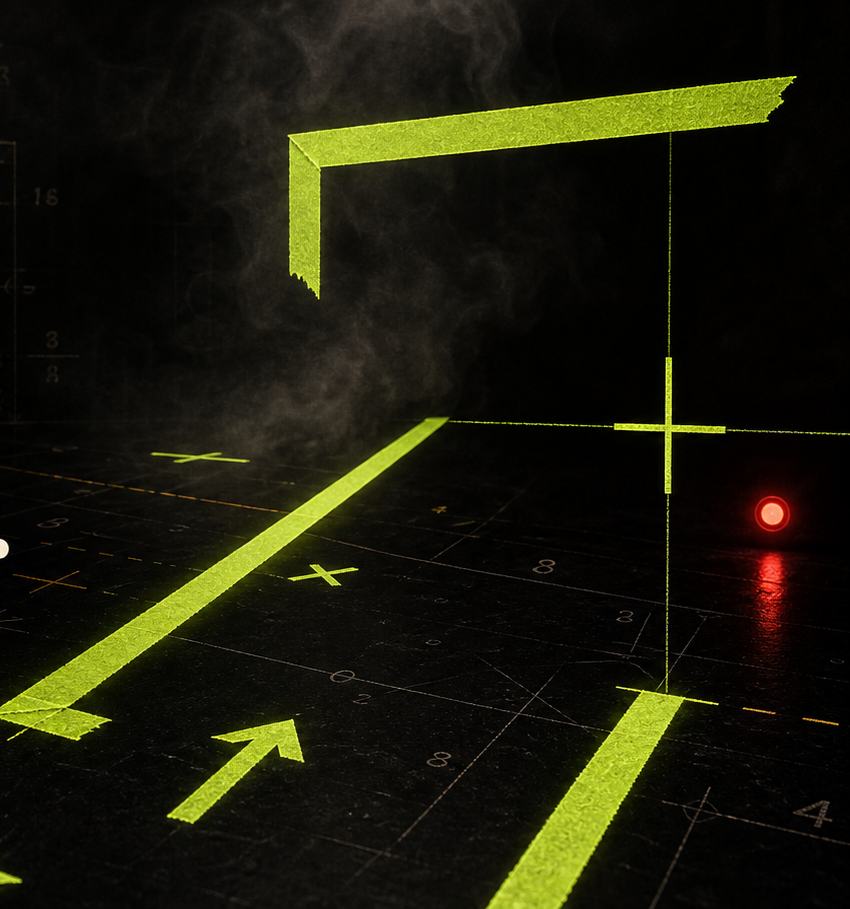 A worn black stage floor marked with fluorescent tape, paint, and a red cue light